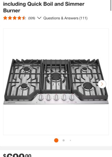 Frigidaire 36 in. Gas Cooktop in Stainless Steel with 5-Burner Elements, including Quick Boil and Simmer Burner