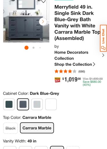 Merryfield 49 in. Single Sink Dark Blue-Grey Bath Vanity with White Carrara Marble Top (Assembled)