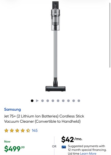 Samsung Jet 75+ (2 Lithium lon Batteries) Cordless Stick Vacuum Cleaner (Convertible to Handheld)
