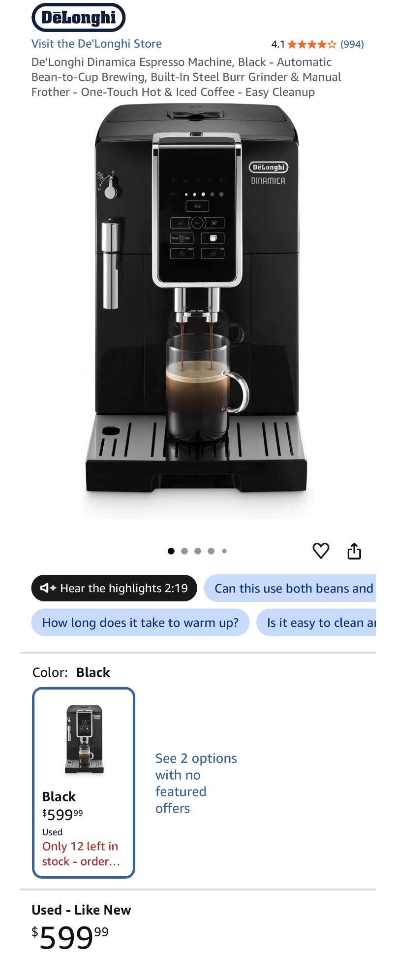 De'Longhi Dinamica Espresso Machine, Black - Automatic Bean-to-Cup Brewing, Built-In Steel Burr Grinder & Manual Frother - One-Touch Hot & Iced Coffee - Easy Cleanup