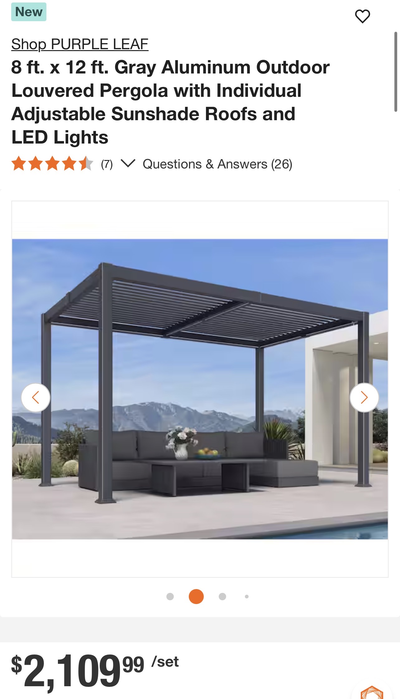 PURPLE LEAF 8 ft. x 12 ft. Gray Aluminum Outdoor Louvered Pergola with Individual Adjustable Sunshade Roofs and LED Lights