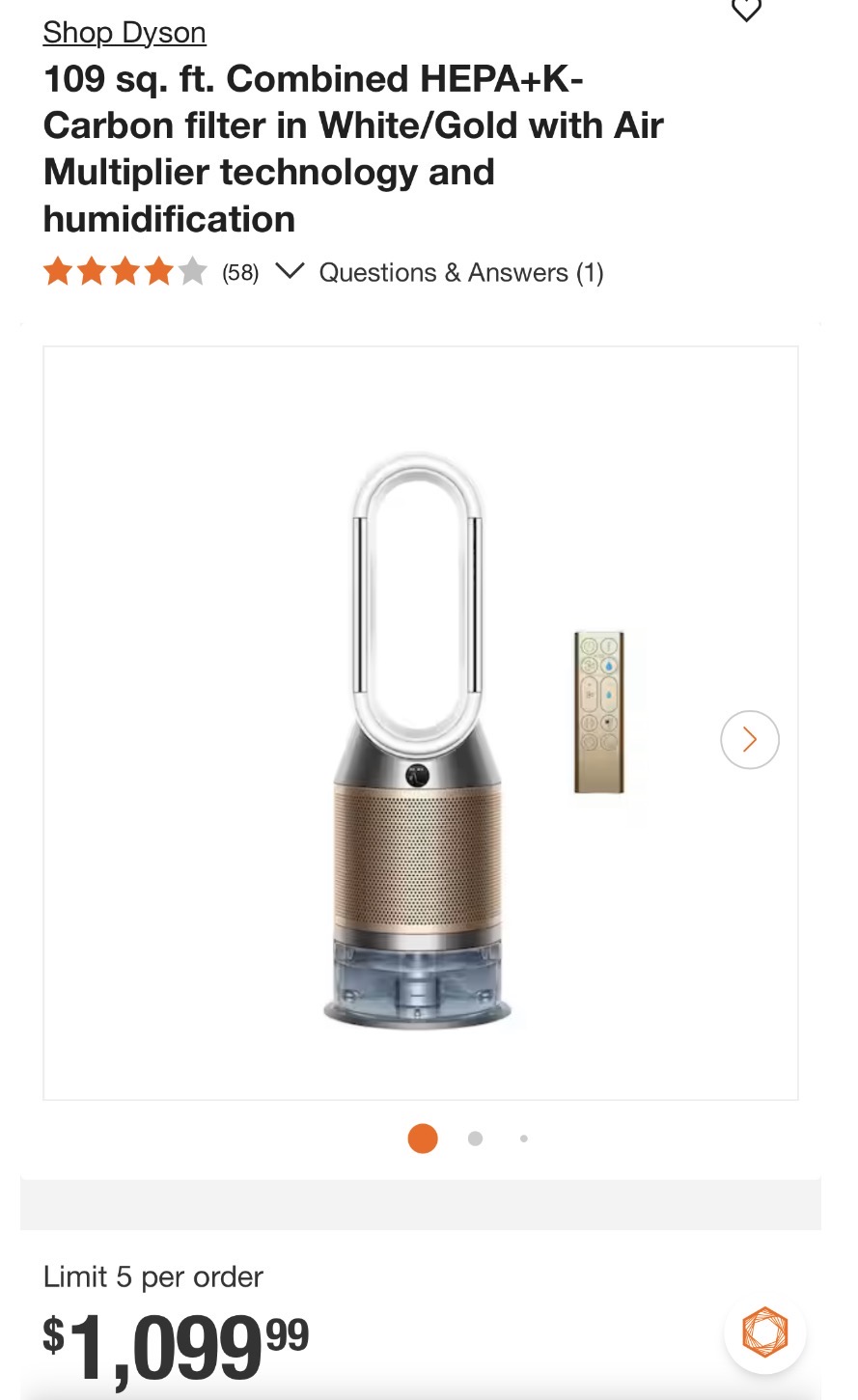 Dyson 109 sq. ft. Combined HEPA+K- Carbon filter in White/Gold with Air Multiplier technology and humidification
