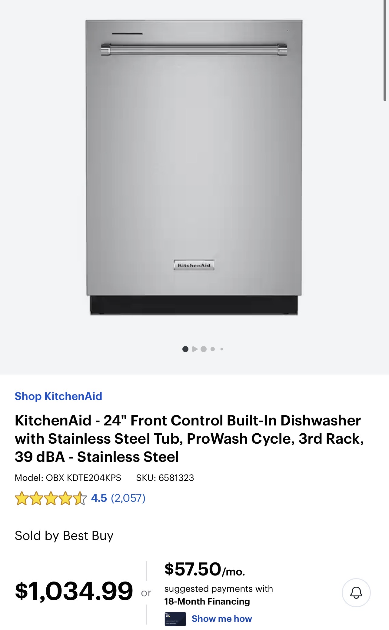 KitchenAid - 24" Front Control Built-In Dishwasher with Stainless Steel Tub, ProWash Cycle, 3rd Rack, 39 dBA - Stainless Steel